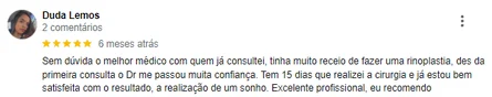 Avaliação de paciente no Google sobre a experiência com a rinoplastia